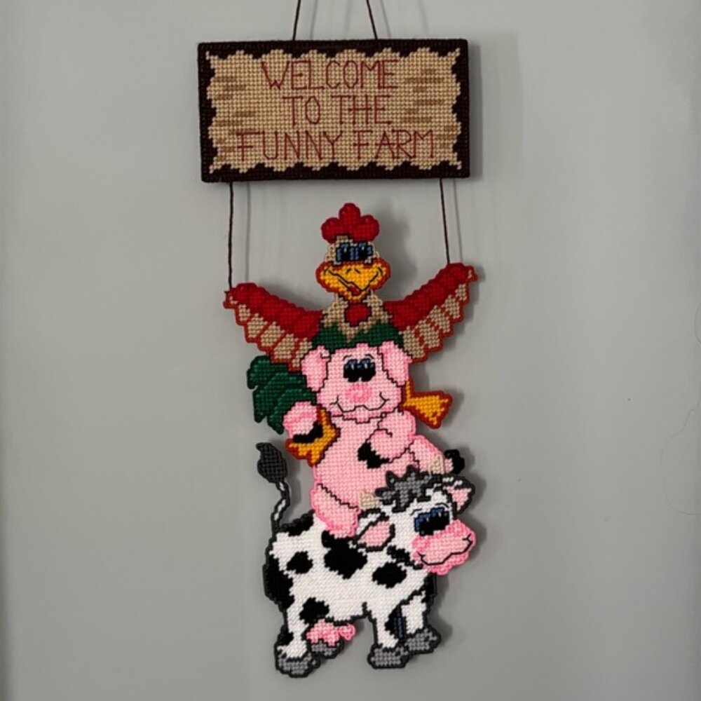 Needlepoint Welcome Sign Welcome To The Funny Farm Chicken Cow Pig